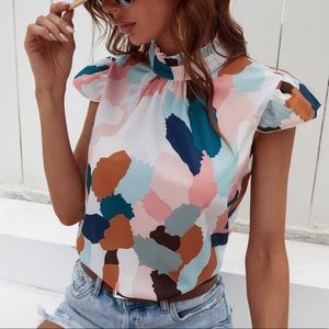 Boho Butterfly Sleeve Mock Neck Watercolor Top
